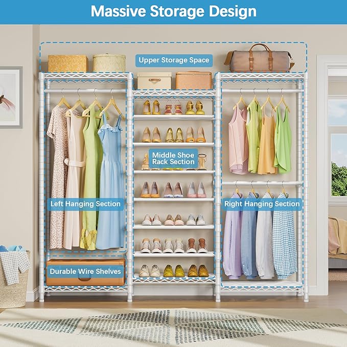 VIPEK S3C Heavy Duty Portable Closet, Adjustable Shoe Rack Wire Shelf, Large Wardrobe Organizer for Bedroom Storage, Freestanding Clothes Rack with Hanging Rod, Custom White Rack with Grey Cover