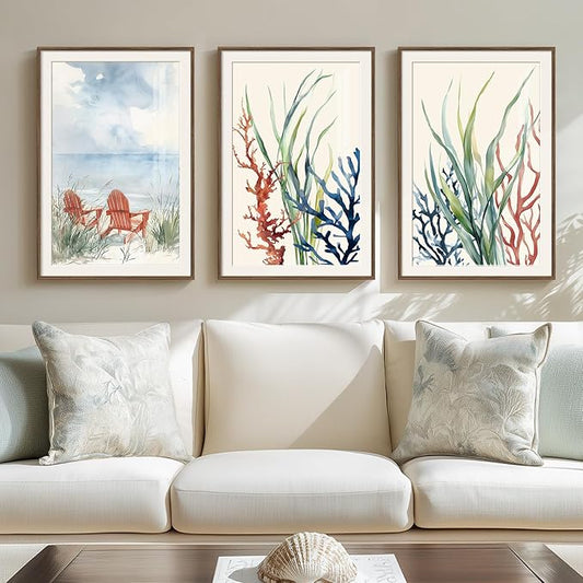 Framed Coastal Colorful Coral Wall Art for Living Room, 3 Piece Beach Ocean Seascape Artwork for Walls, Large Watercolor Marine Plants Pictures Prints for Bedroom Hallway Kitchen Wall Decor, 16x24 In