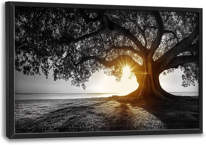 Olivine Tree Wall Art, Sunset Pictures Wall Decor, Black And White Painting, Nature Scenery Canvas Prints, Framed Artwork for Bathroom Bedroom Living Room Office Home Decoration 36"x24"