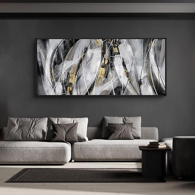 KLAKLA Abstract Frame Wall Art - Black and White Picture for Living Room Black and Gold Framed Artwork Canvas Art Work for Office Home Decor Bedroom Wall Decoration - 70x31 Inches