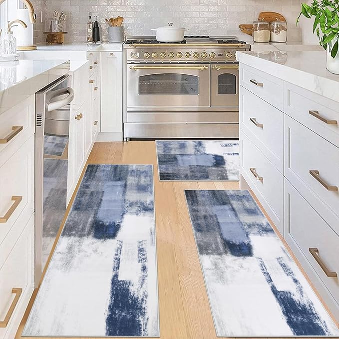 Pauwer Kitchen Mats for Floor 3 Piece Set Boho Non Slip Kitchen Rugs Washable Farmhouse Kitchen Floor Mats Thick Long Kitchen Throw Area Rug Carpet Runner for Hallway Entryway Laundry Bathroom, Blue