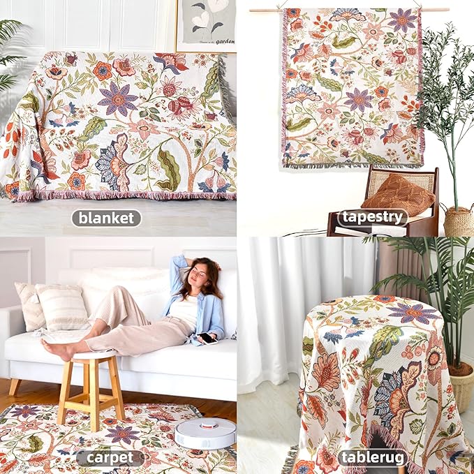 Boho Throw Blanket Reversible Cotton Bohemian Tapestry Hippie Room Decor Double Sided (Boho Flower Dark 50"x60")