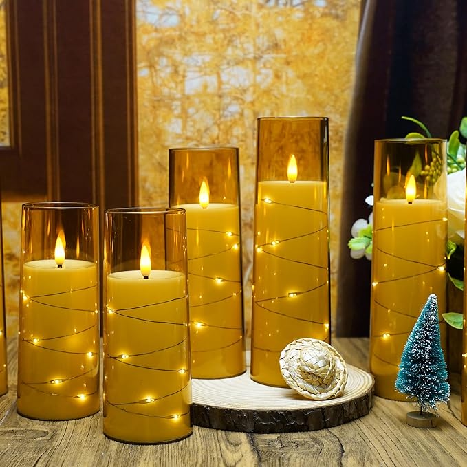 Flameless LED Candles with Timer 9 Pc Flickering Flameless Candles for Romantic Ambiance and Home Decoration Stable Acrylic Shell,with Embedded Star String，Battery Operated Candles（Gold）