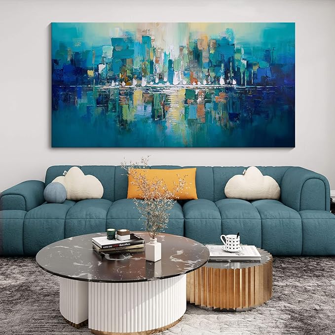 Large Wall Art for Living Room - Abstract Wall Decor Framed Picture Artwork for Wall Decorative Paintings Teal and White Modern Office Bedroom Art