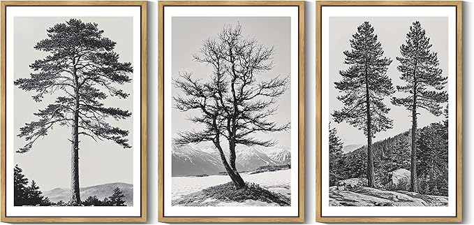 KUVIOKE Vintage Black Gray Forest Wall Art Framed Antique Retro Tree Prints Modern Rustic Artwork Bedroom Living Room Ready to Hang 24x36in (Natural Framed)