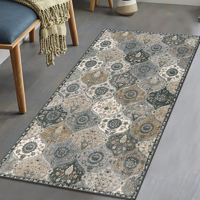 Lahome Moroccan Trellis Small Area Rug, 2x4 Rugs for Entryway Non-Slip Vintage Ultra-Thin Washable Indoor Door Mat Distressed Throw Carpet for Bathroom Kitchen Bedroom, Grey