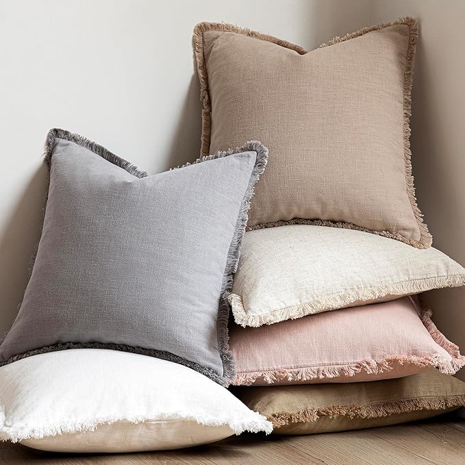 Foindtower Set of 2 Decorative Linen Fringe Throw Pillow Covers Boho Farmhouse Cushion Cover with Tassels Soft Accent Pillowcase for Couch Chair Sofa Bed Living Room Home Decor,20×20 Inch,Tan Beige