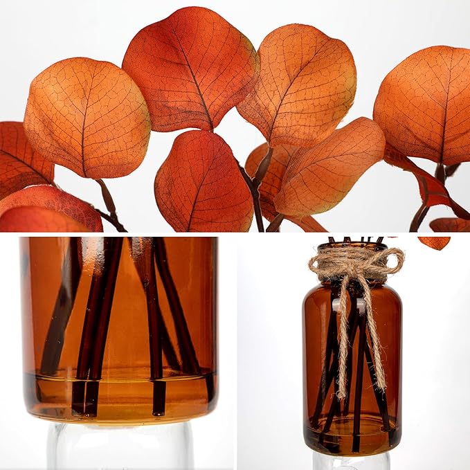 Briful Artificial Eucalyptus Stems in Amber Glass Vase with Faux Water, 14" Fake Fall Plant Autumn Eucalyptus Leaves for Home Farmhouse Wedding Centerpiece Bathroom Décor