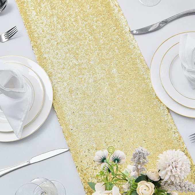 2 Packs 12 x 108 inches Gold Sequin Table Runner, Glitter Gold Table Runner for Wedding Birthday Bachelorette Holiday Party Supplies Decorations Bridal Shower Baby Shower