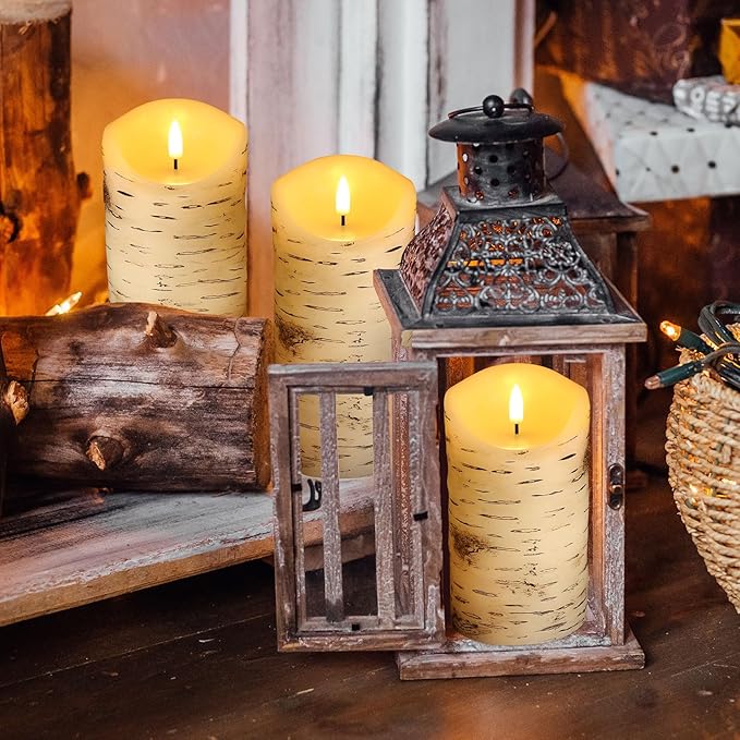 Eywamage Birch Bark Flameless Pillar Candles with Remote, Flickering Rustic Battery LED Wood Candles Set of 3