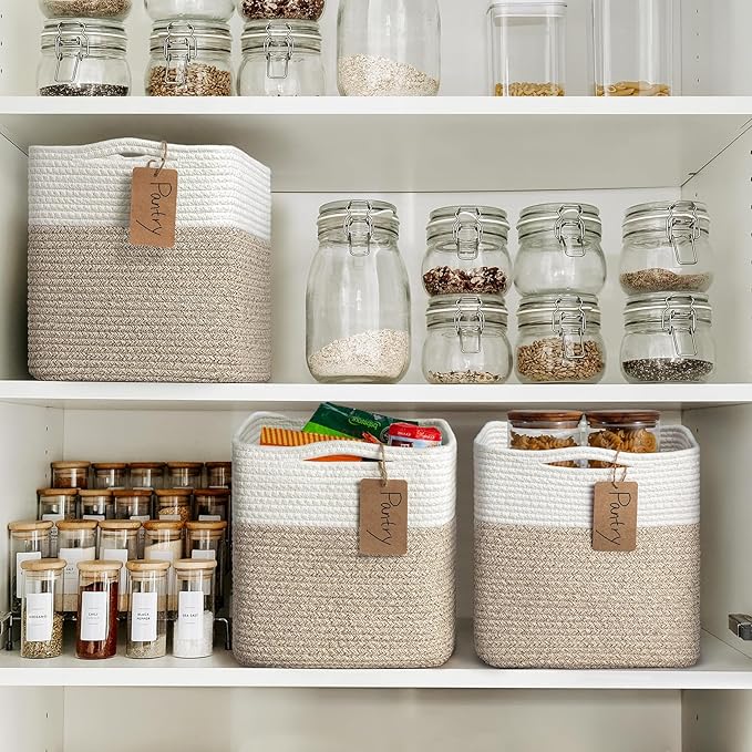 INDRESSME 11x11 Cube Storage Bins, 3-Pack Rope Woven Baskets for Organizing Storage Baskets for Shelves Gift Organization Empty Square Toy Bins for Classroom, Nursery Closet, White & Brown