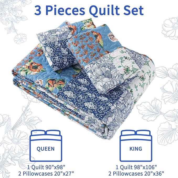 VAPUTAR King Size Quilt Set - Reversible Floral King Size Bedspreads with Wavy Edges - Lightweight Farmhouse King Quilt Bedding Sets for Bed Decorations, 3 Pieces