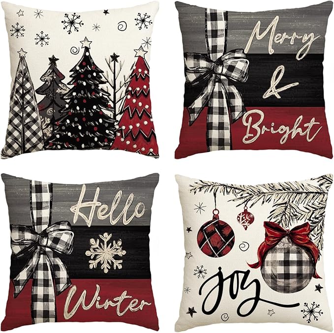 AVOIN colorlife Merry Christmas Joy Xmas Trees Red Throw Pillow Covers, 20 x 20 Inch Christmas Winter Holiday Cushion Case Decoration for Sofa Couch Set of 4