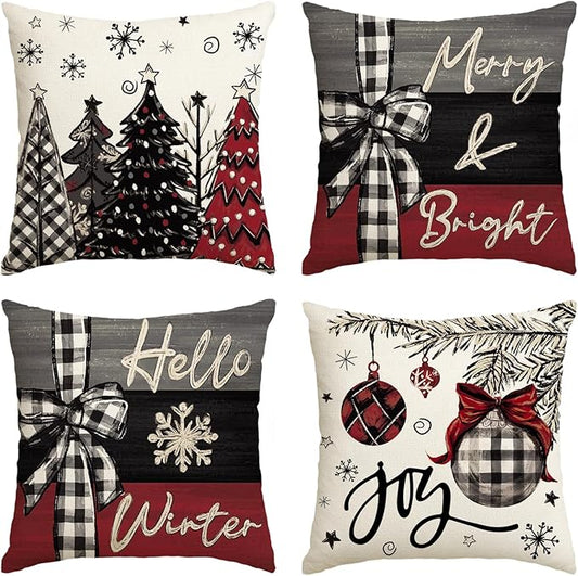 AVOIN colorlife Merry Christmas Joy Xmas Trees Red Throw Pillow Covers, 20 x 20 Inch Christmas Winter Holiday Cushion Case Decoration for Sofa Couch Set of 4