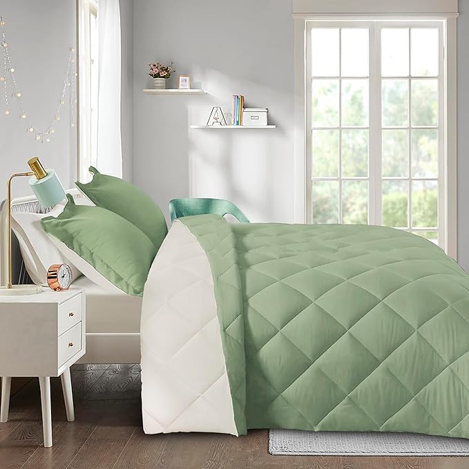 HIG 3pc Sage Green Twin/Twin XL Comforter Set - All Season Reversible Down Alternative Comforter with Sham - Quilted Duvet Insert with Corner Tabs - Diamond Stitched Blanket - Breathable, Soft, Fluffy