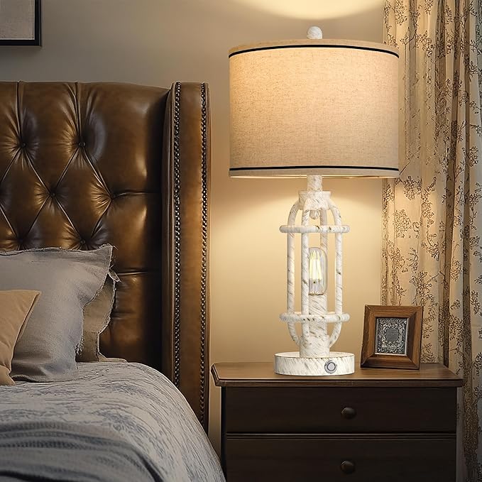 23.75'' Table Lamps Set of 2 for Living Room Bedroom Industrial Farmhouse Metal Touch Lamps with USB A+C Ports, Night Light Vintage Nightstand Bedside Lamp, Bulbs Included, White