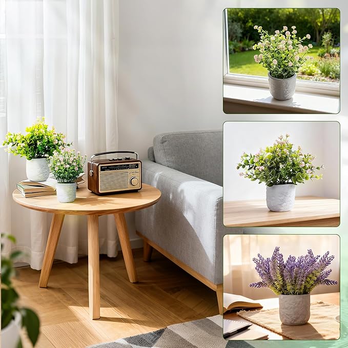 FGSAEOR Mini Potted Fake Plants, Small Artificial Greenery Realistic Plants Topiaries, Low Maintenance, for Home Office Shelf Desk Farmhouse Room Coffee Table Decor (3-Pack) (Purple Pink (Round Pot))