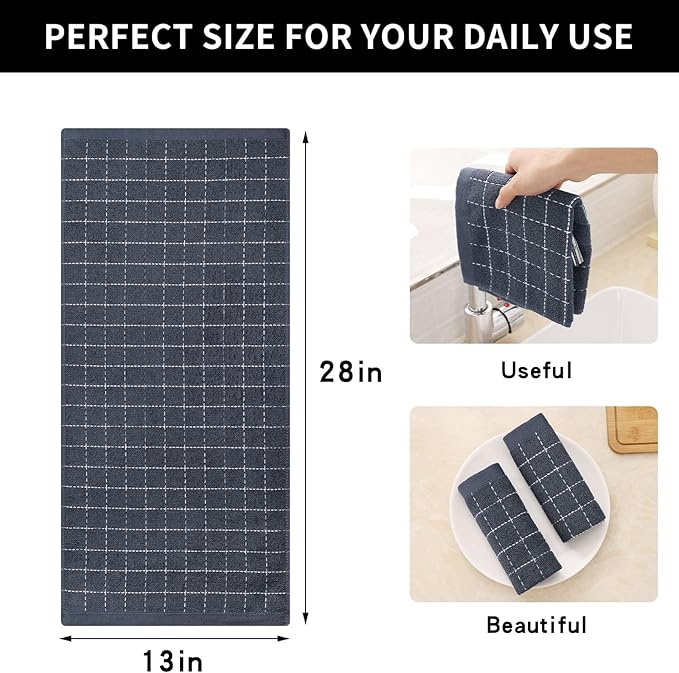 Homaxy 100% Cotton Terry Kitchen Towels(Dark Grey, 13 x 28 inches), Checkered Designed, Soft and Super Absorbent Dish Towels, 8 Pack