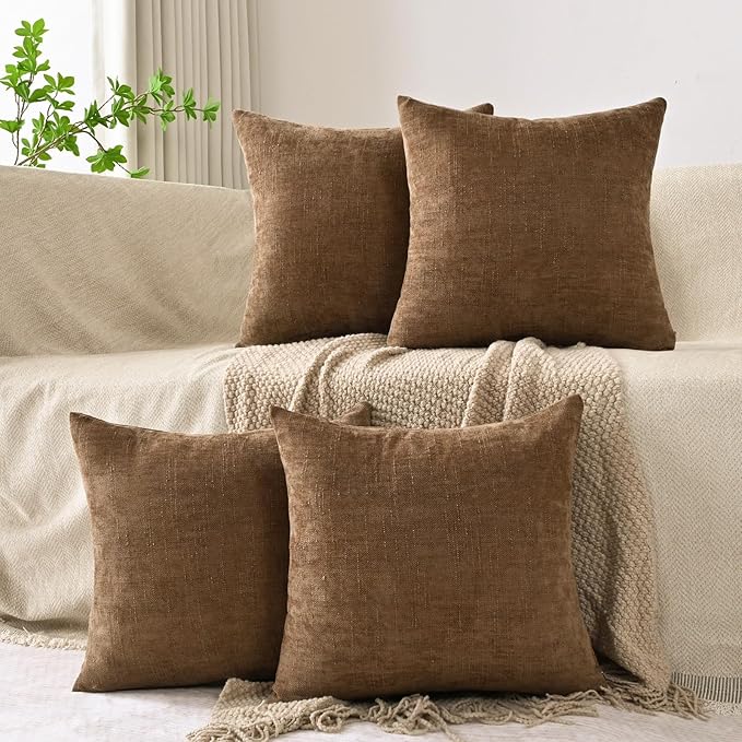 Set of 4 Soft Textured Decorative Throw Pillow Covers 18x18 Inch Cozy Farmhouse Cushion Cover Square Accent Pillow Cases for Bed Couch Sofa Living Room, Brown