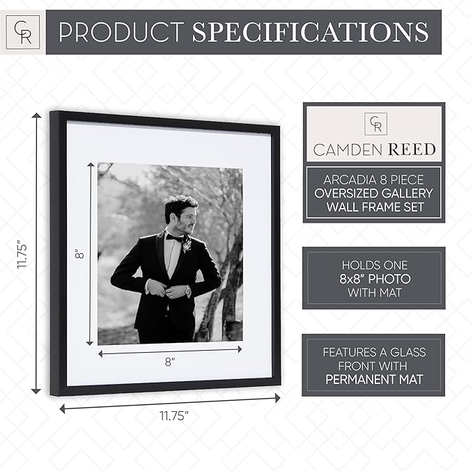 Camden Reed Arcadia 8 Piece Oversized Gallery Wall Frame, 11x14 and 11x11 inch matted frames for featuring 8x10 and 8x8 Inch Photographs or Art Prints, Black Finish
