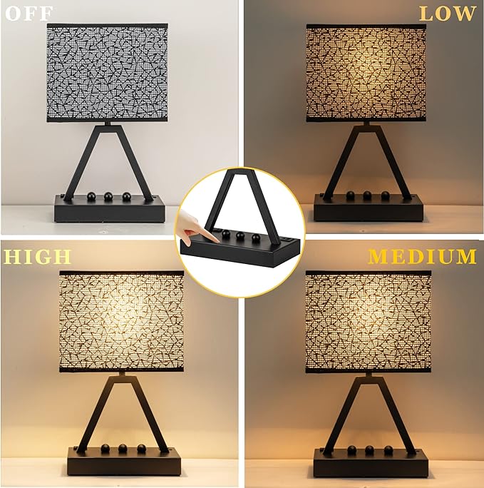 Briever Touch Control Table Lamp, 3-Way Dimmable Desk Lamp with USB C & A and AC Outlet, Bedside Lamp with Phone Stands for Bedroom, Living Room, Office, LED Bulb Included, Black Shade