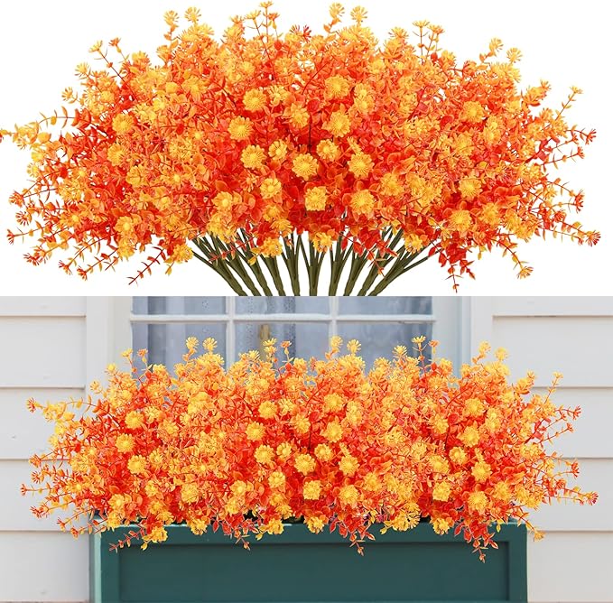 Agusbagli 10Pcs Artificial Fall Flowers Outdoor Autumn Fake Daisy Flowers UV Resistant Faux Plastic Greenery Shrub Plants for Wedding Home Garden Window Box Fireplace Thanksgiving Decor Orange