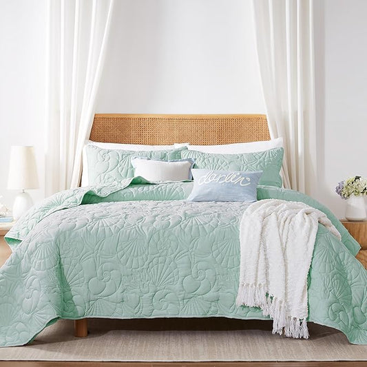 WDCOZY Coastal Beach Queen Size Quilt Bedding Sets, Seafoam Green Nautical Tropical Ocean Bedspread, Scallop Seashell Soft Coverlet, Lightweight Summer Thin Comforter for All Season