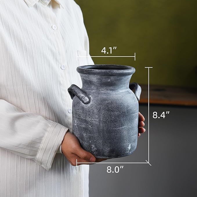 Quoowiit Ceramic Rustic Farmhouse Vase, Distressed Decorative Flower Vases for Home Decor, Ideal Shelf Decor, Grey Boho Vase for Living Room Bedroom Kitchen Office Centerpiece Table Decorations