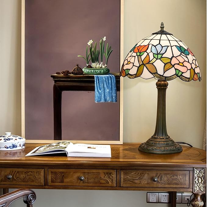 Tiffany Stained Glass Table Lamp, 12 Inch Pastoral Style Morning Glory Design Bedside Lamp, Suitable for Bedroom, Dining Room and Other Home Decoration Art (Pink, Blue and Orange)
