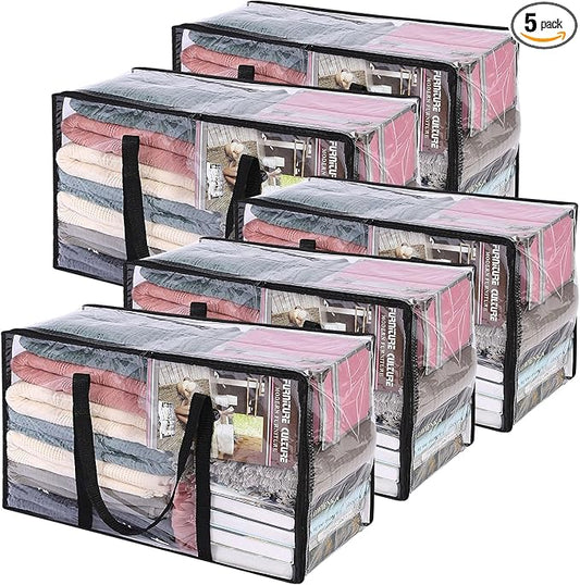 Vieshful 5 Pack Clear Comforter Storage Bag, 60L Clothes Storage Bag with Zipper Closet Organizer, Plastic Storage Containers Moving bags for Comforter, Blanket, Bedding, Duvet, Toys