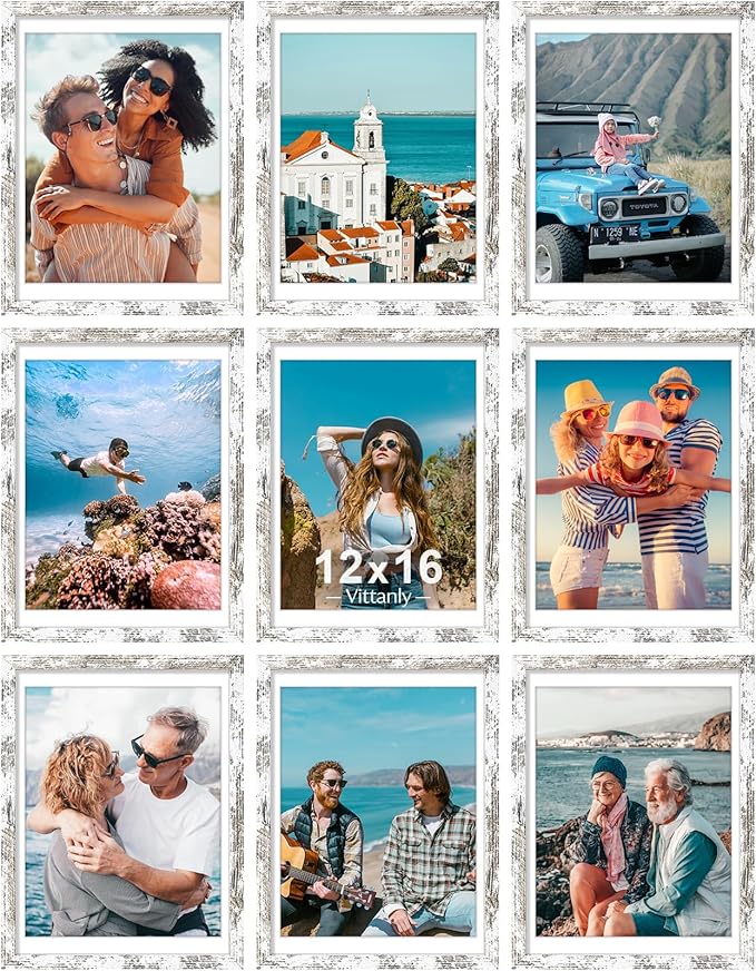 Vittanly 12x16 Picture Frames Set of 9, Shatter Resistant Plexiglass, Display 11x14 Pictures with Mat or 12x16 without Mat, Photo Frames for Wall Mount, Engineered Wood, Distressed White