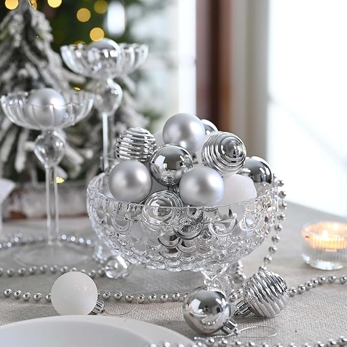 Valery Madelyn 1.57 Inches Small Christmas Tree Decorations Ornament Set for 4th of July Fall Halloween, 24ct White and Silver Shatterproof Hanging Ball Ornaments Holiday Party Decor
