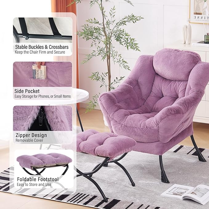 Oversized Chair with Ottoman, Modern Chair with Folding Footrest, Lounge Accent Chair, Comfortable Reading Chair for Bedroom, Study, Living Room, Courtyard (Plush Purple)