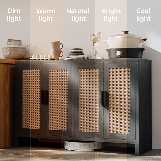 Rattan Buffet Cabinet with Storage, Sideboard with Doors, TV Stand, Farmhouse Side Board Coffee Bar, Modern Wood Storage Cabinets for Livingroom, Kitchen and Dining Room (Black)