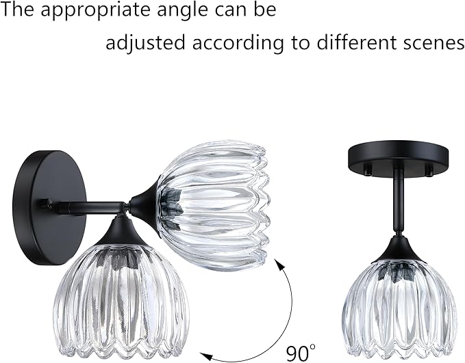 2 Pack 1 Light Vintage Wall Sconces Tulip Clear Glass Lampshade Hradwired Modern Black Wall Lighting Fixture for Bedside Bedroom Doorway