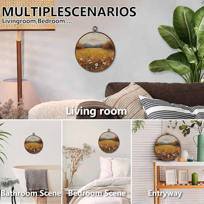 XNXLDYLH Vintage Fall Wildflower Round Framed Wall Art Decor, Rustic Farmhouse Harvest Hanging Wall Decor Decorations, Autumn Fall Floral Landscape Canvas Prints Wall Art Pictures Paintings, 10x10Inch