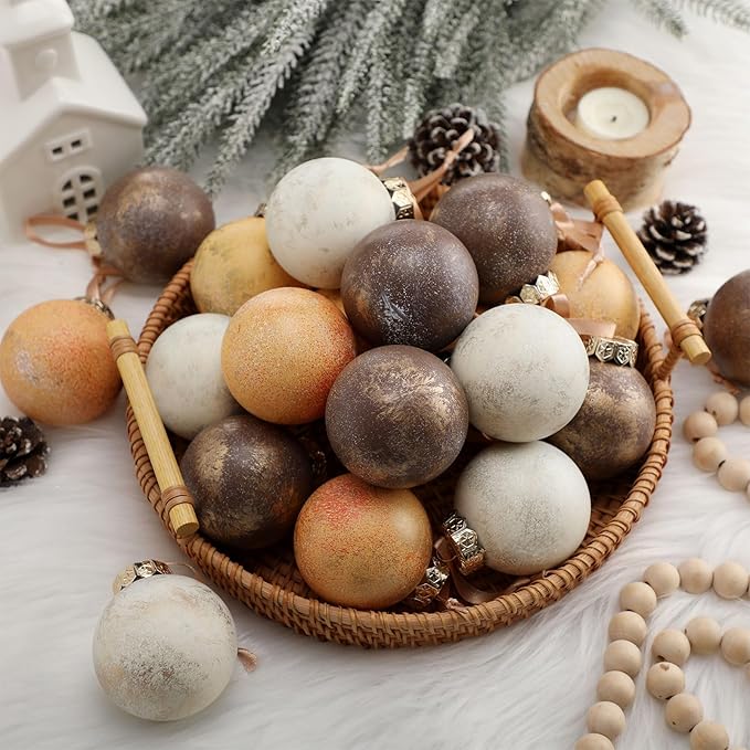 24 Pcs Neutral Textured Christmas Ball Ornaments 2.36'' Vintage Christmas Tree Decor Modern Rustic Brown Ornaments with Loop Shatterproof Hanging Ball for Xmas Farmhouse Decor (Light Brown)