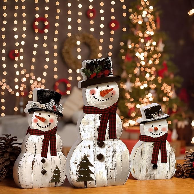 Barydat 3 Pcs Snowman Christmas Decor Winter Wooden Table Decorations, Rustic Snowman Table Centerpieces Block Sign for Xmas Holiday Party Indoor Home Kitchen Office Room Decorations