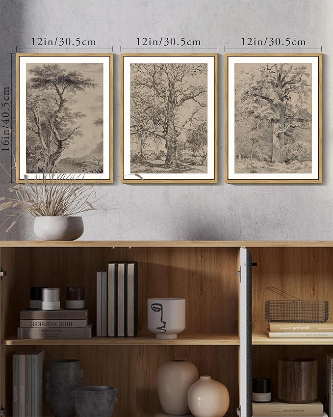 KUVIOKE Boho Vintage Tree Wall Art Framed Neutral Retro Forest Art Prints Antique Rustic Nature Wilderness Paintings Bedroom Hallway Decor 12x16in (Natural Framed)