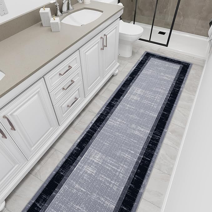 Ottomanson Hallway Runner Rug 2'7" x 9'10" Non Slip Border Area Rugs Easy to Clean Laundry Rug Runner Durable & Pet Friendly Floor Carpet Runners for Hallways Entryway Living Room Kitchen, Gray/Navy
