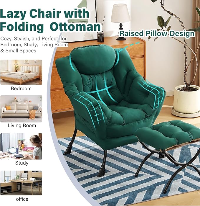 Modern Lazy Chair with Folding Footrest, Lounge Accent Reading Chair (Dark Green)