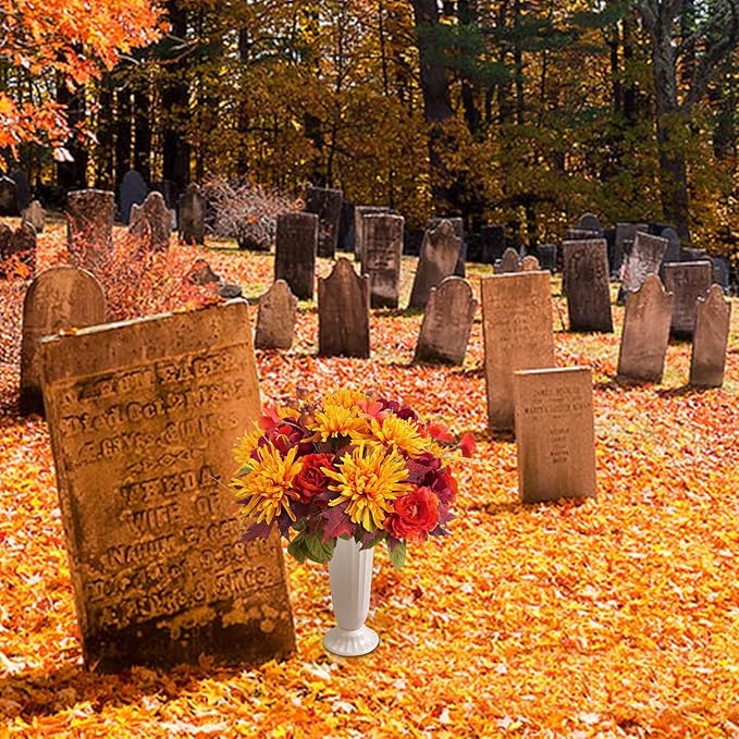 2 Bundles Artificial Fall Flowers Mixed Bush Artificial Chrysanthemum with Fake Roses Autumn Faux Flowers for Cemetery Grave Home Office Wedding Floral Arrangements Decor (19.29")