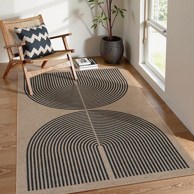 Lahome Modern Rainbow Easy Jute Office Rug, Outdoor Patio Rug 4x6 for Living Room Washable Carpet for Bedroom, Farmhouse Contemporary Non Slip Non Shedding Black Carpet for Backyard