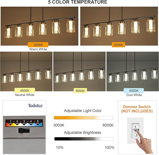 6-Lights 5CCT LED Pendant Light Fixtures LED Integrated Bulbs Included, Modern Dining Room Linear Chandelier with Bubble Crystal LED & Clear Glass Shade, Brushed Nickel Kitchen Island Light