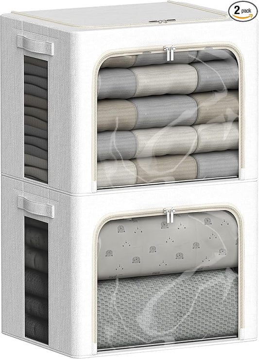 2 Pack Clear Window Storage Bins Large Stackable Linen Fabric Storage for Clothes Foldable Container Organizer Set with Carrying Handles (Lvory White, 19.7x 15.7x 12.6 Inch)