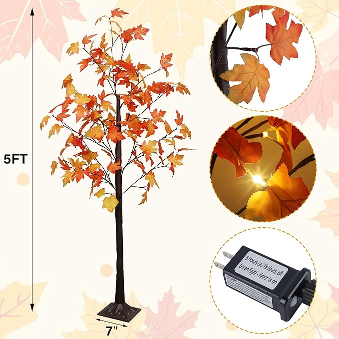 DR.DUDU 5 FT Fall Decorations for Home, Lighted Fall Maple Tree with LED Lights - Artificial Autumn Trees for Indoor/Outdoor Decor, Porch, Patio, Thanksgiving Seasonal Decor