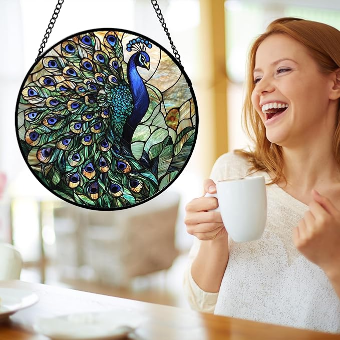 Stained Glass Window Hanging, Blue Green Peacock Decor Suncatcher for Door Garden Home Decoration Bird Sun Catchers Christmas Mother's Day Birthday Gifts for Women Men Mom Nana Friend 9.8 in