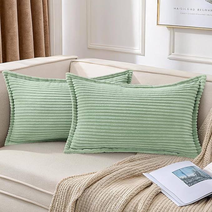 Mecatny Corduroy Throw Pillow Covers 12x20 Set of 2, Neutral Decorative Soft Boho Lumbar Couch Pillow Covers with Broadside for Sofa Living Room, Sage Green
