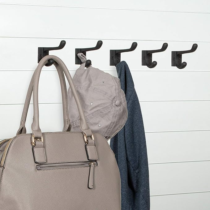 Claimed Corner Cast Iron Coat Hooks - Wall Mounted Rustic Farmhouse Matte Black Cast Iron DIY Coat Towel Hat Scarf Bags Hook 5-Pack