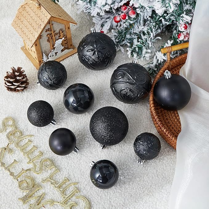 Wironlst Christmas Ball Ornaments - 30pcs Shatterproof Plastic Christmas Ornaments Hanging Ball Decorations for Xmas Tree, Holiday, Wedding, Party (Multi-Size, Black)